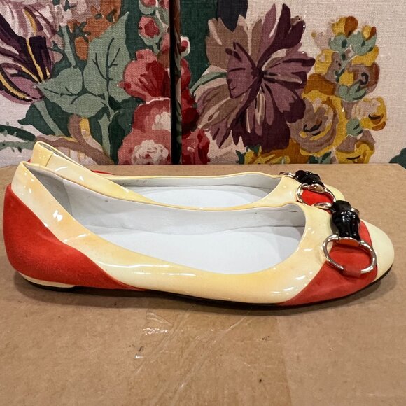 GUCCI Yellow Red Ballet Suede Patent Leather Flats - Picture 5 of 11